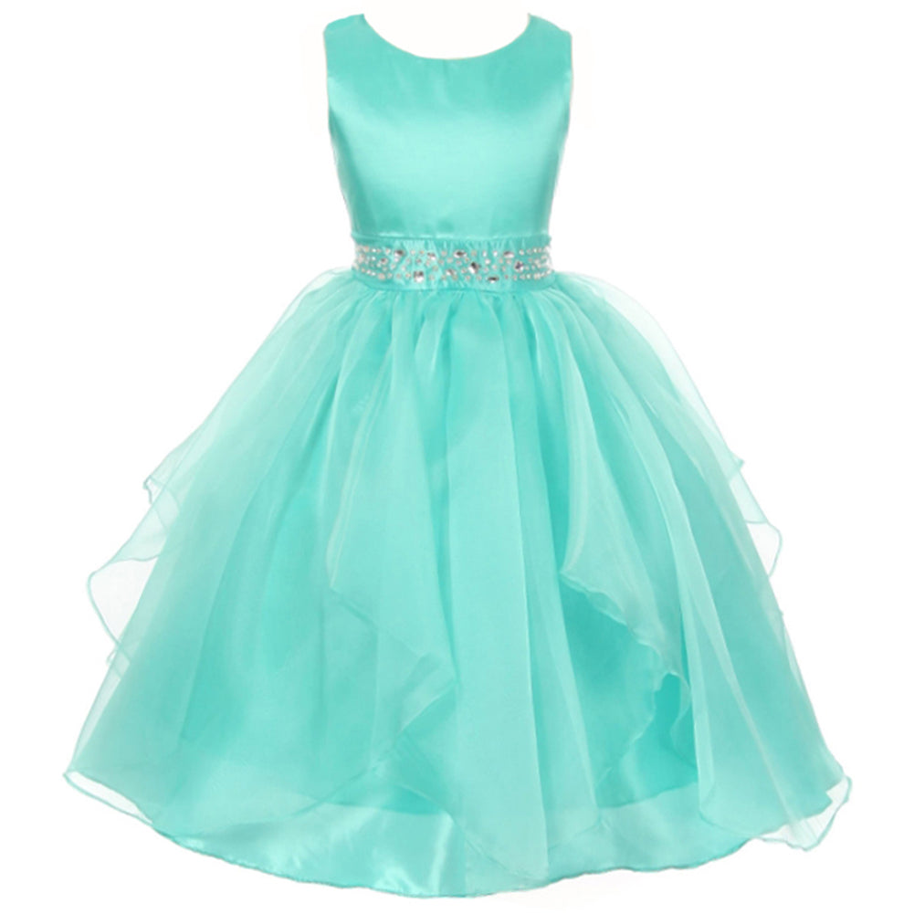RHINESTONE BEADED WAIST HANDKERCHIEF RUFFLE ORGANZA SKIRT SATIN GIRL DRESS