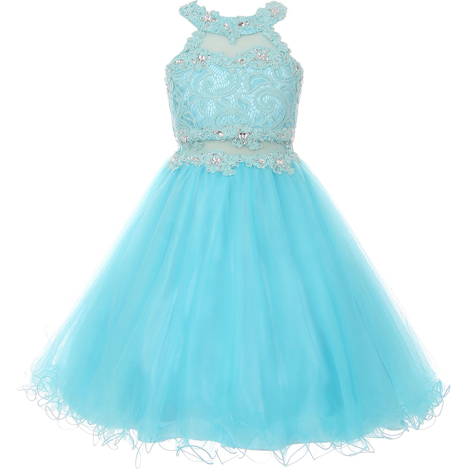 HALTER NECK RHINESTONES LACE BODICE ILLUSION WAIST TULLE WIRED SKIRT