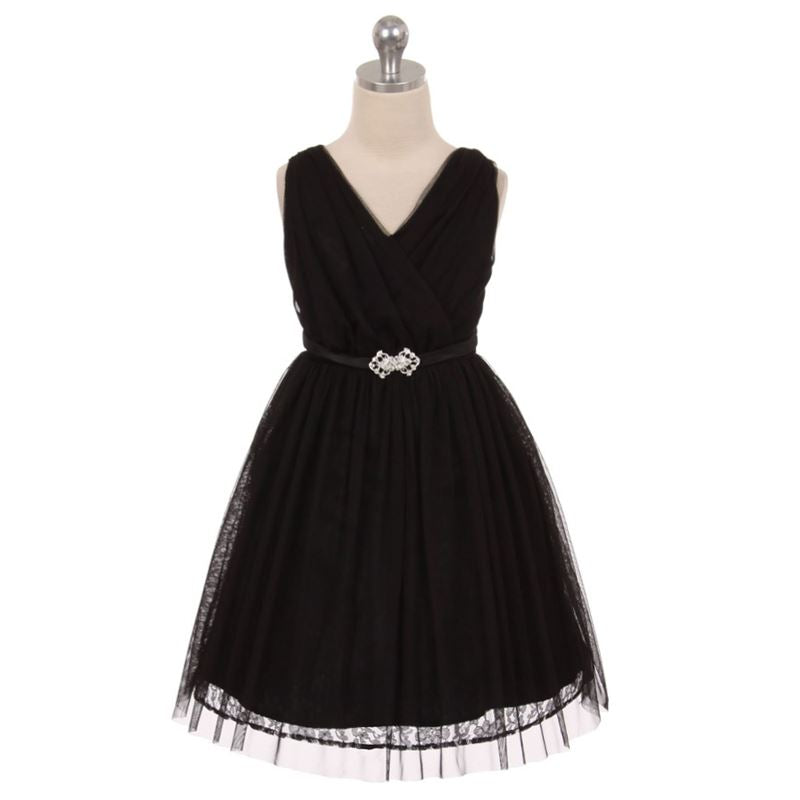V-Neck Lace Tulle Flower Girl Dress with Rhinestone Brooch