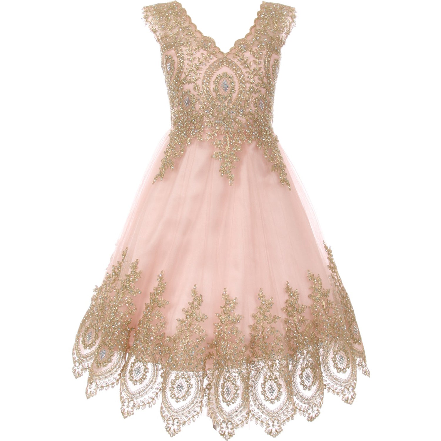 GOLD COILED LACE BODICE A LINE V NECK GIRL DRESS