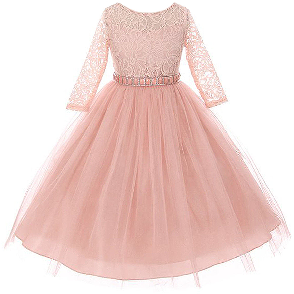 LONG 3/4 SLEEVES STRETCH LACE BODICE WITH BEADS AND RHINESTONES BELT