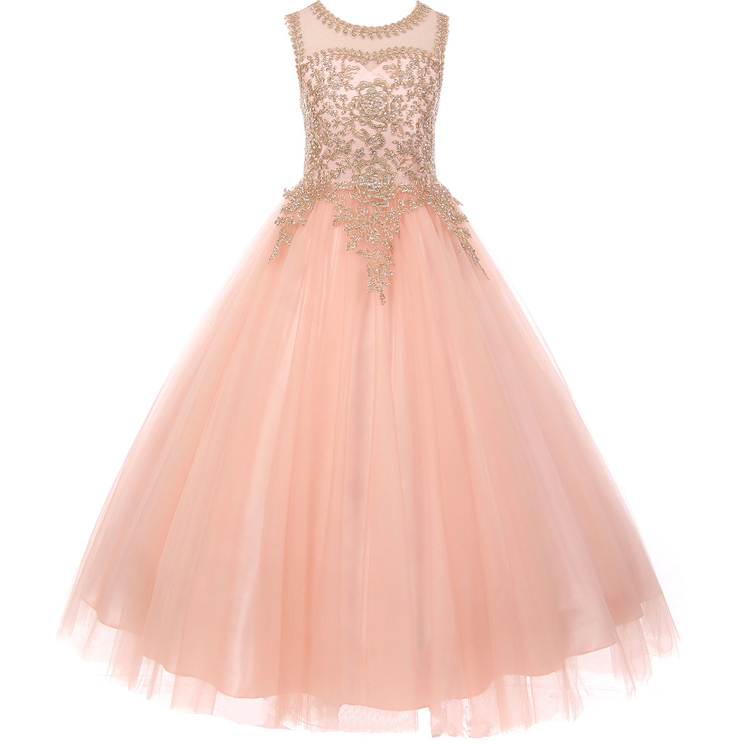 FULL LENGTH GOLD COILED TRIMMED BODICE ILLUSION BATEAU GIRL DRESS