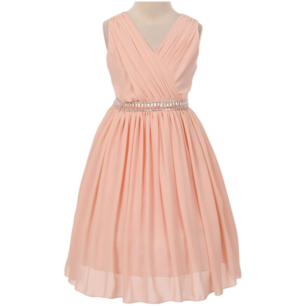 WRAP STYLE V NECK WITH RHINESTONES EMBELLISH CHIFFON GIRL DRESS