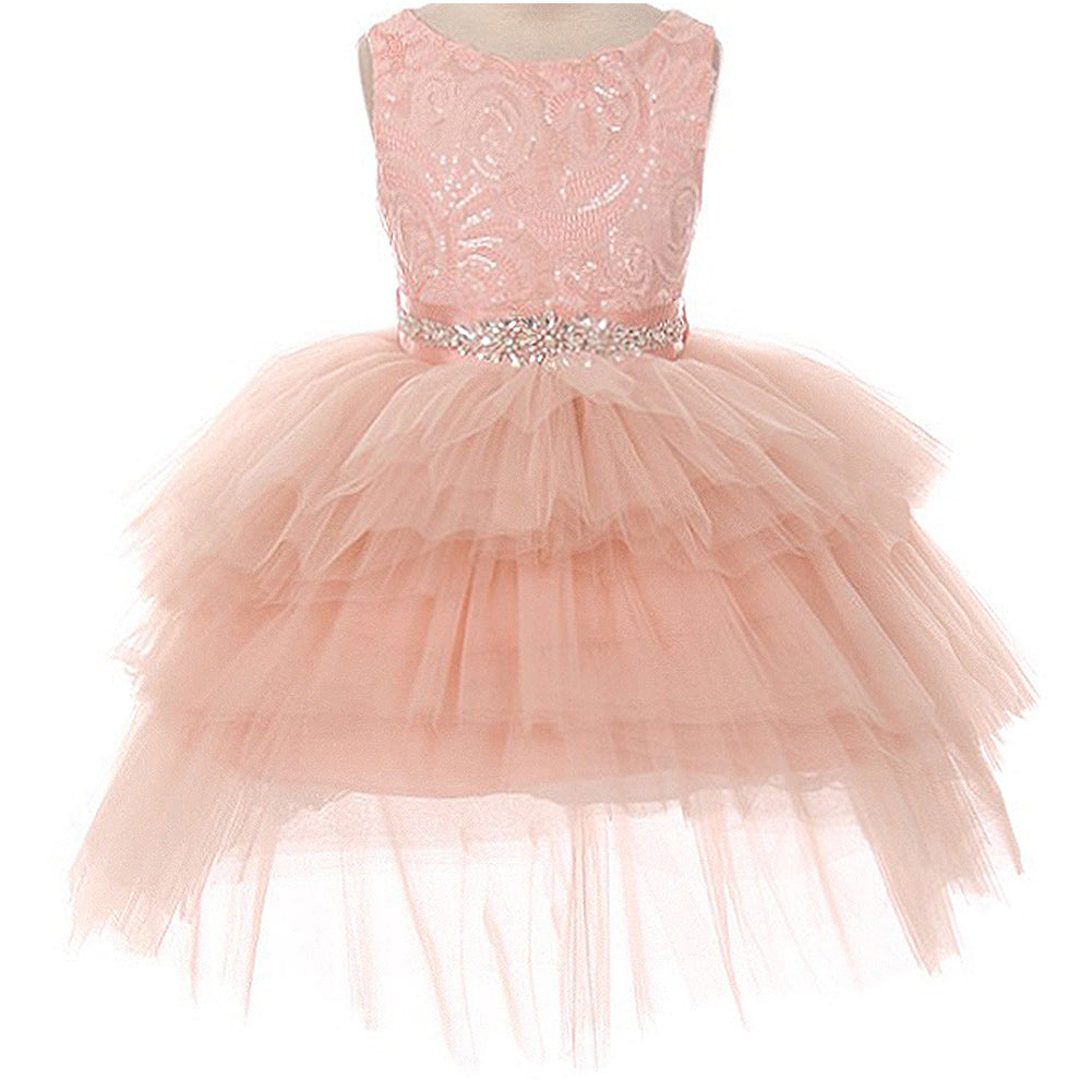 SEQUINS BODICE TIERED TUTU HIGH LOW MINI SKIRT AB STONE SATIN SASH