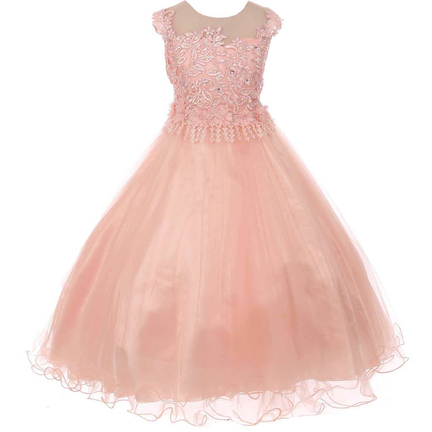 ILLUSION NECKLINE EMBROIDERY BODICE WITH RAISED FLORALS ON WAIST