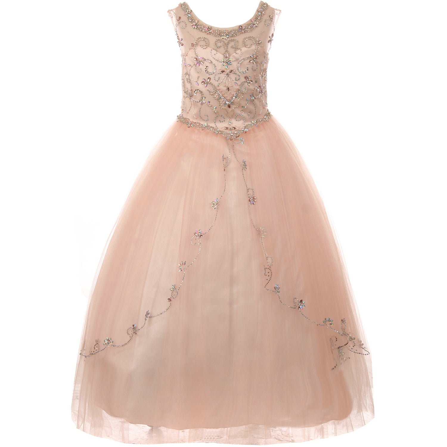 RHINESTONES ILLUSION BATEAU NECKLINE WITH CURTAIN LAYERS TULLE SKIRT