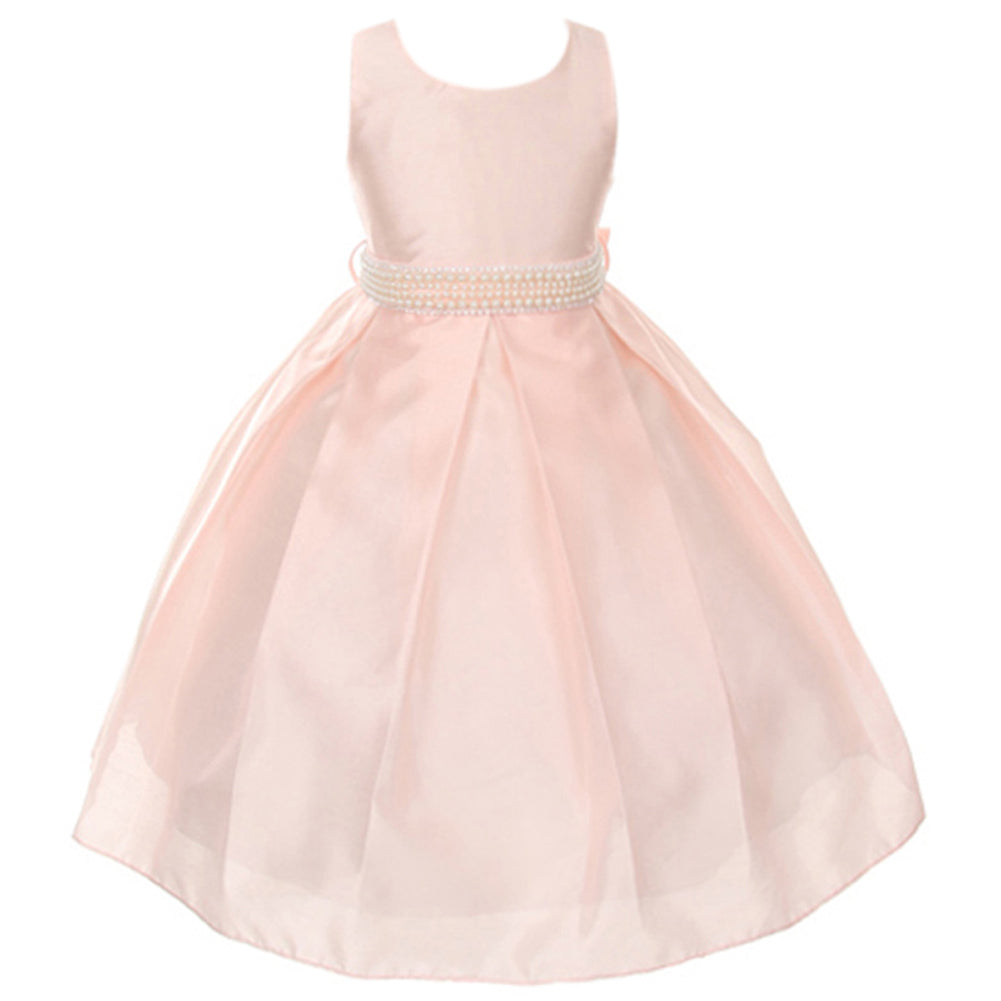 CLASSIC ELEGANT SHANTUNG PLEATED SKIRT GIRL DRESS WITH PEARL BEADED SASH