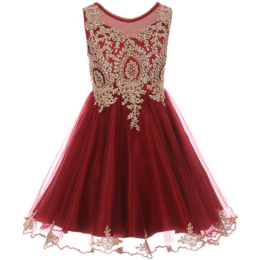 GOLD CORDED MESH WITH RHINESTONE ON BODICE TULLE OVERLAY SATIN DRESS