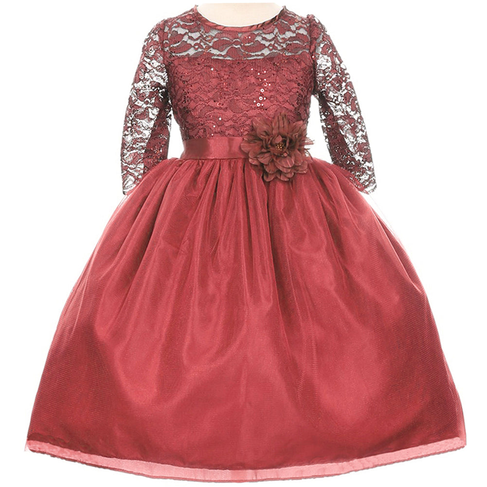 SEQUINS LACE ILLUSION BODICE TULLE FLOWER SATIN WAIST TULLE SKIRT