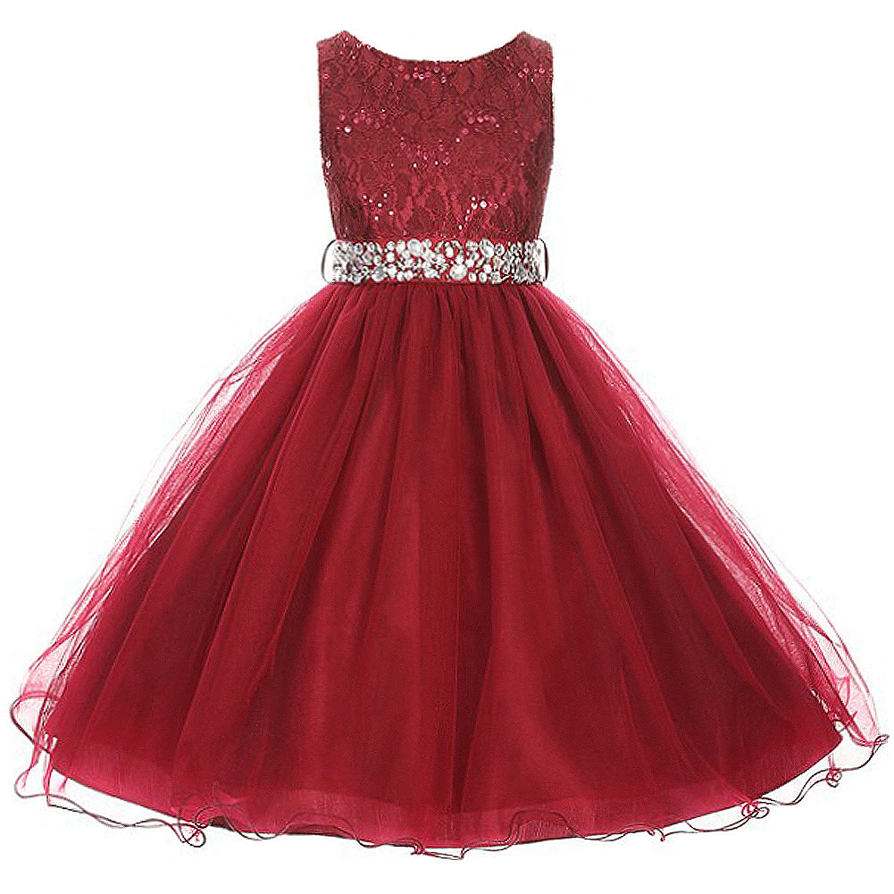 SEQUINED BODICE DOUBLE LAYERED TULLE RHINESTONES SASH