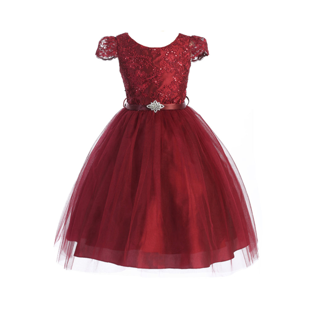 CAP SLEEVE SEQUINS LACE EMBROIDERY BODICE OVERLAY TULLE SKIRT
