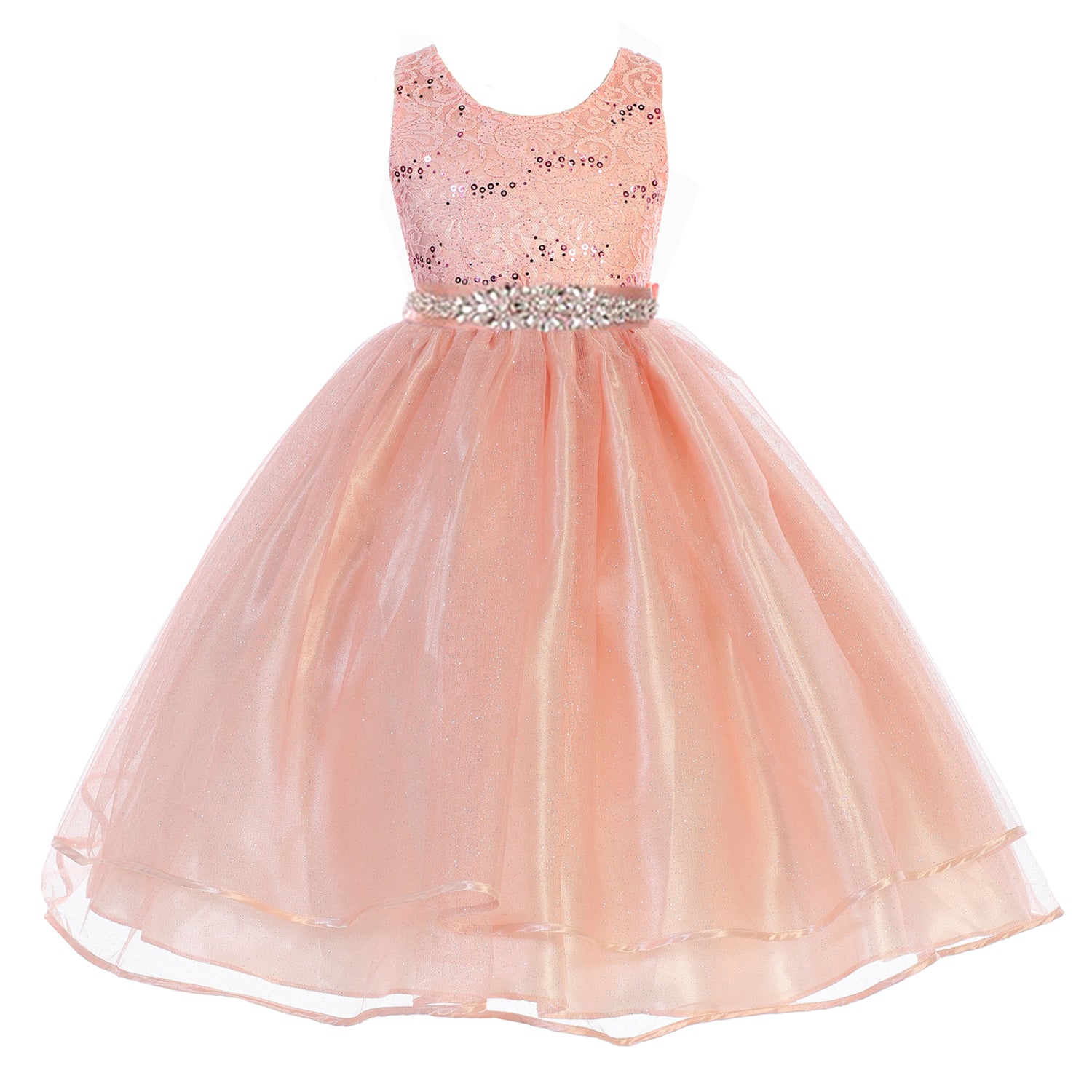 SEQUINED LACE BODICE DOUBLE LAYER GLITTERS TIERED TULLE RHINESTONE SATIN SASH