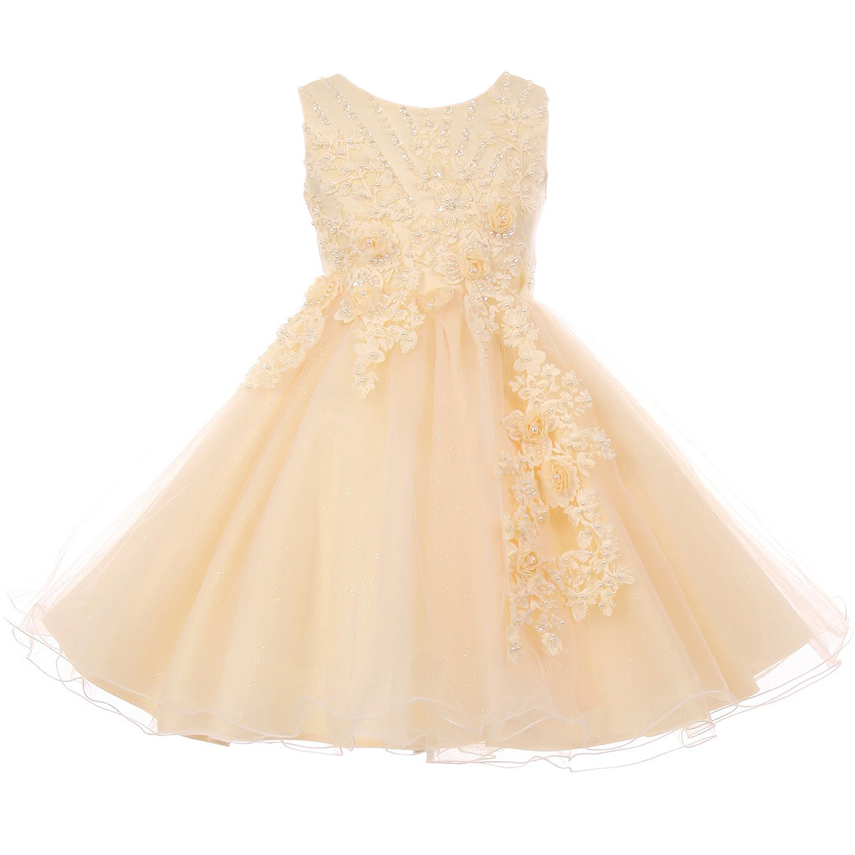 RAISED FLOWERS AND BEADS ON BODICE AND SKIRT
