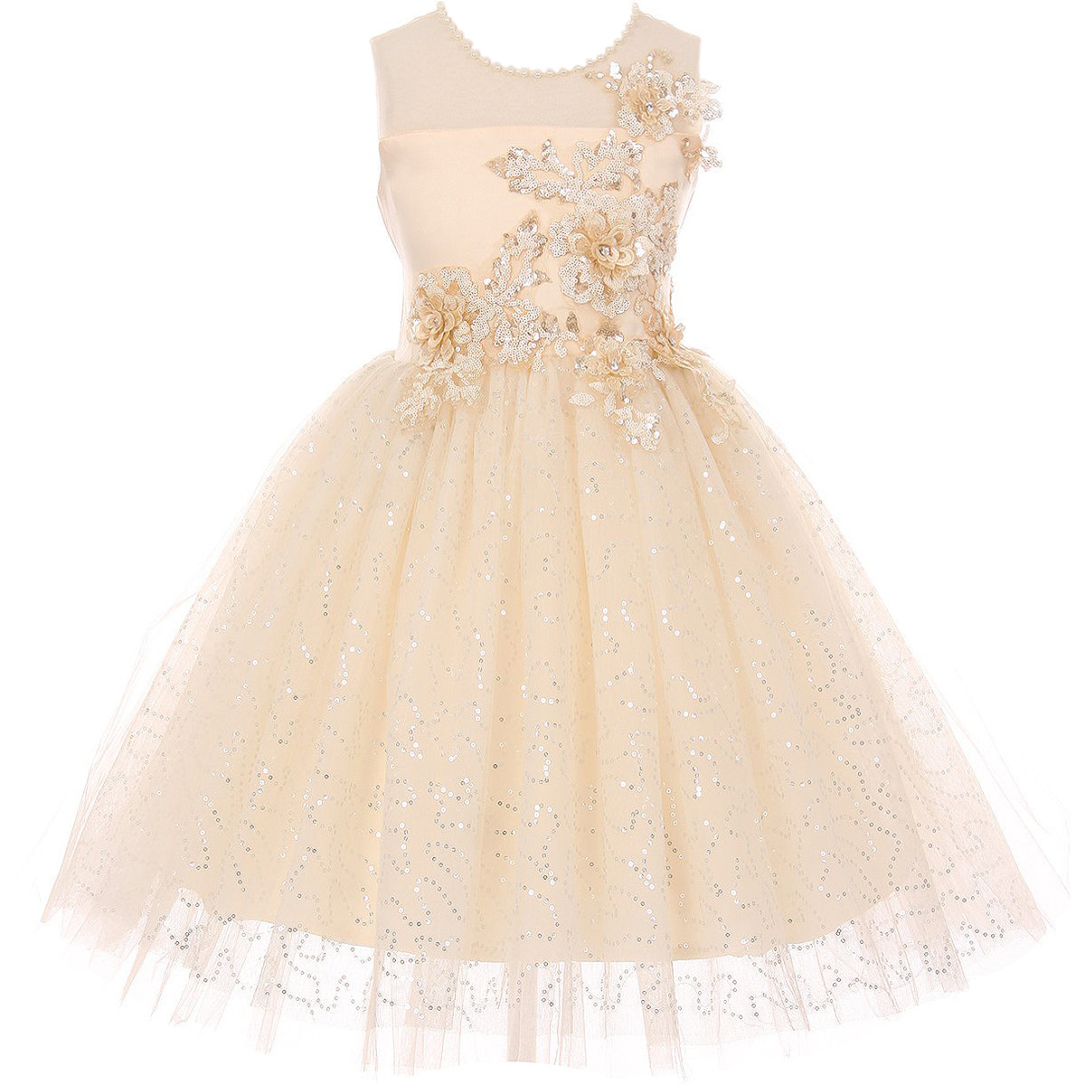 ILLUSION NECKLINE WITH RAISED METALLIC FLOWERS ON BODICE