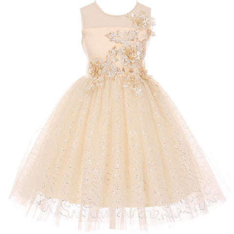 FULL LENGTH GOLD COILED TRIMMED BODICE ILLUSION BATEAU GIRL DRESS