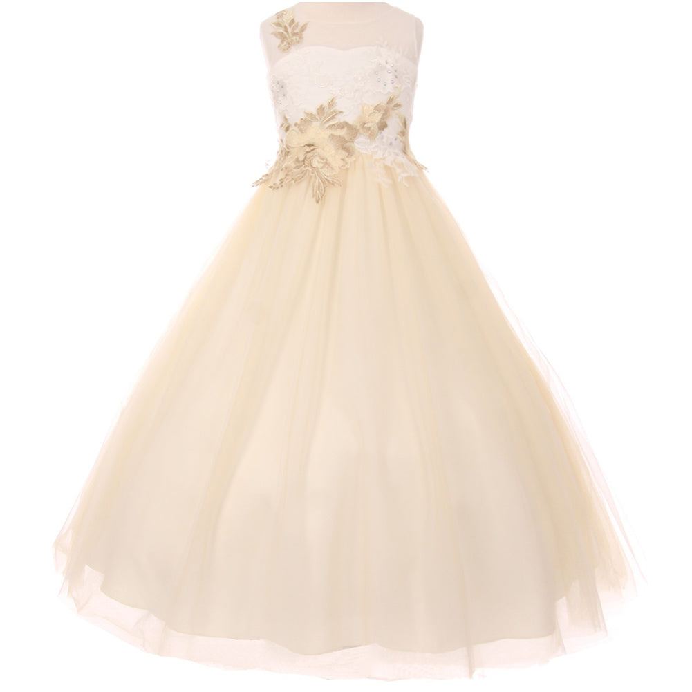 ILLUSION SLEEVELESS LUREX FLOWER EMBELISHED LONG DRESS