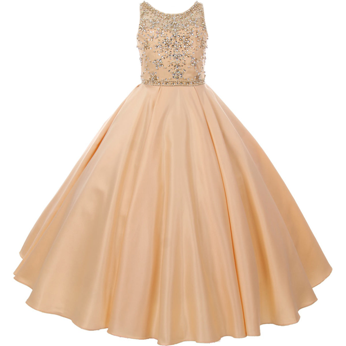 RHINESTONES AND BEADS BODICE WITH PLEATED SATIN SKIRT