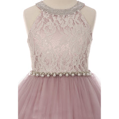 RHINESTONES HALTER NECK LACE BODICE WIRED TULLE SKIRT