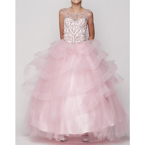 SEQUINED BODICE DOUBLE LAYERED TULLE RHINESTONES SASH