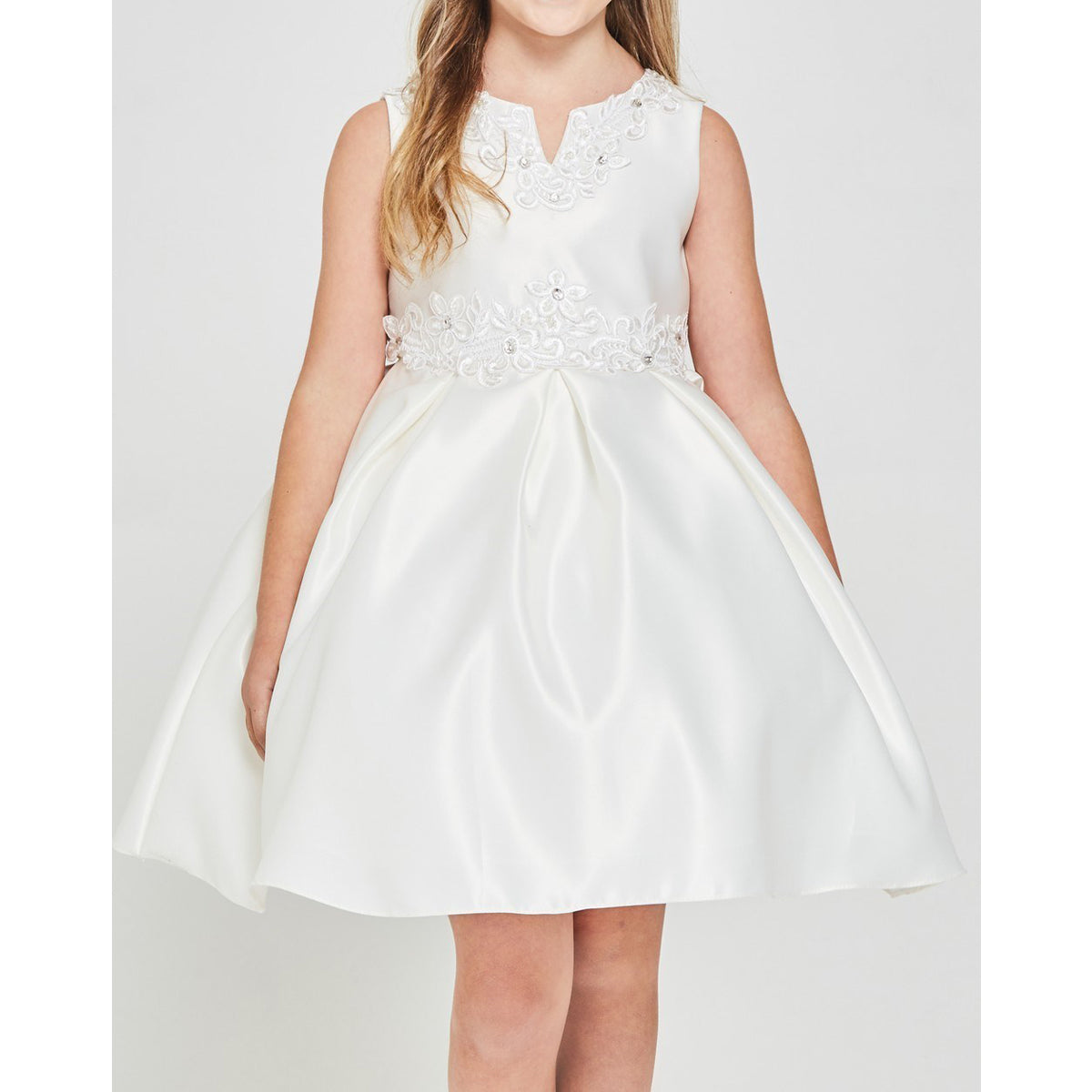 SATIN CORDED LACE APPLIQUE NECKLINE AND WAISTLINE PLEATED SKIRT