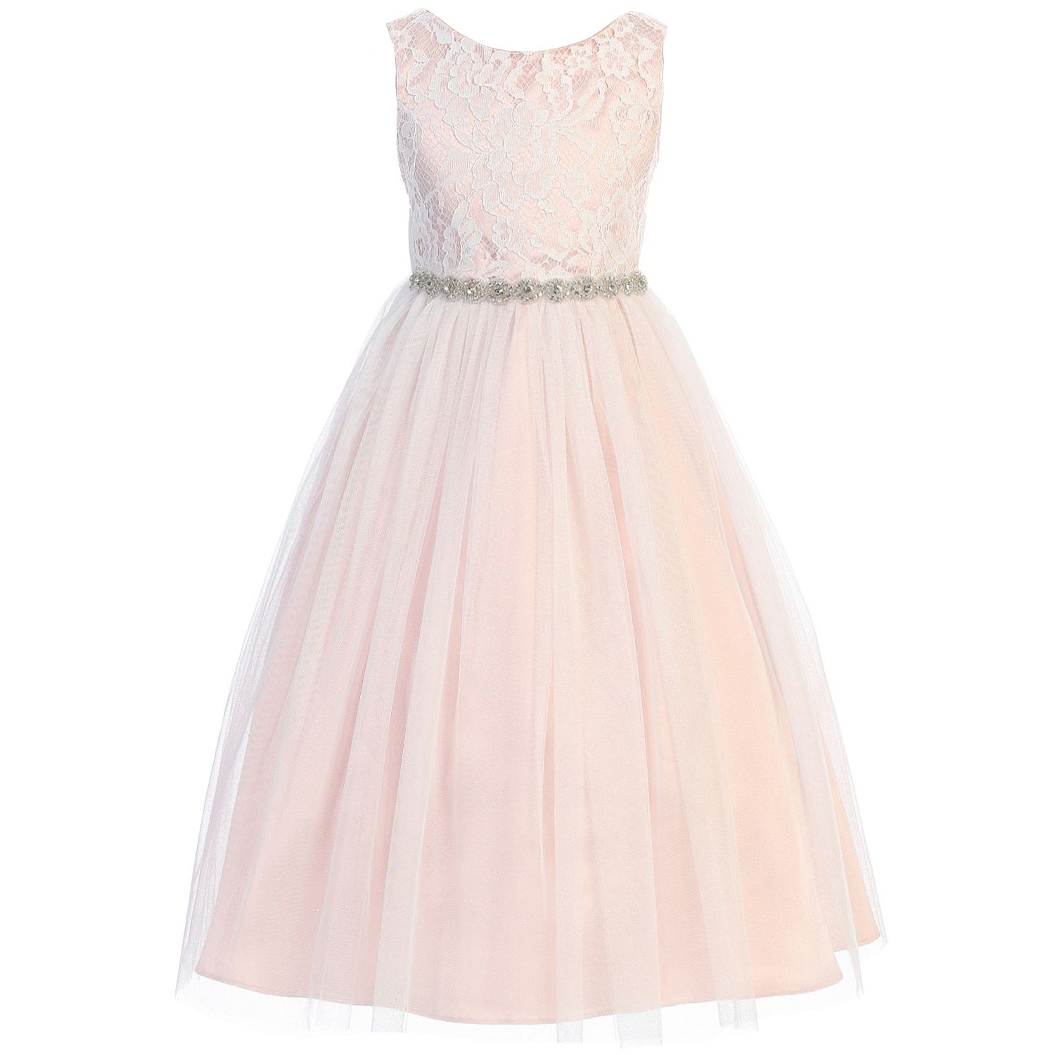 Full Length Lace Bodice Triangle Cut Waterfall Glitter Tulle Skirt