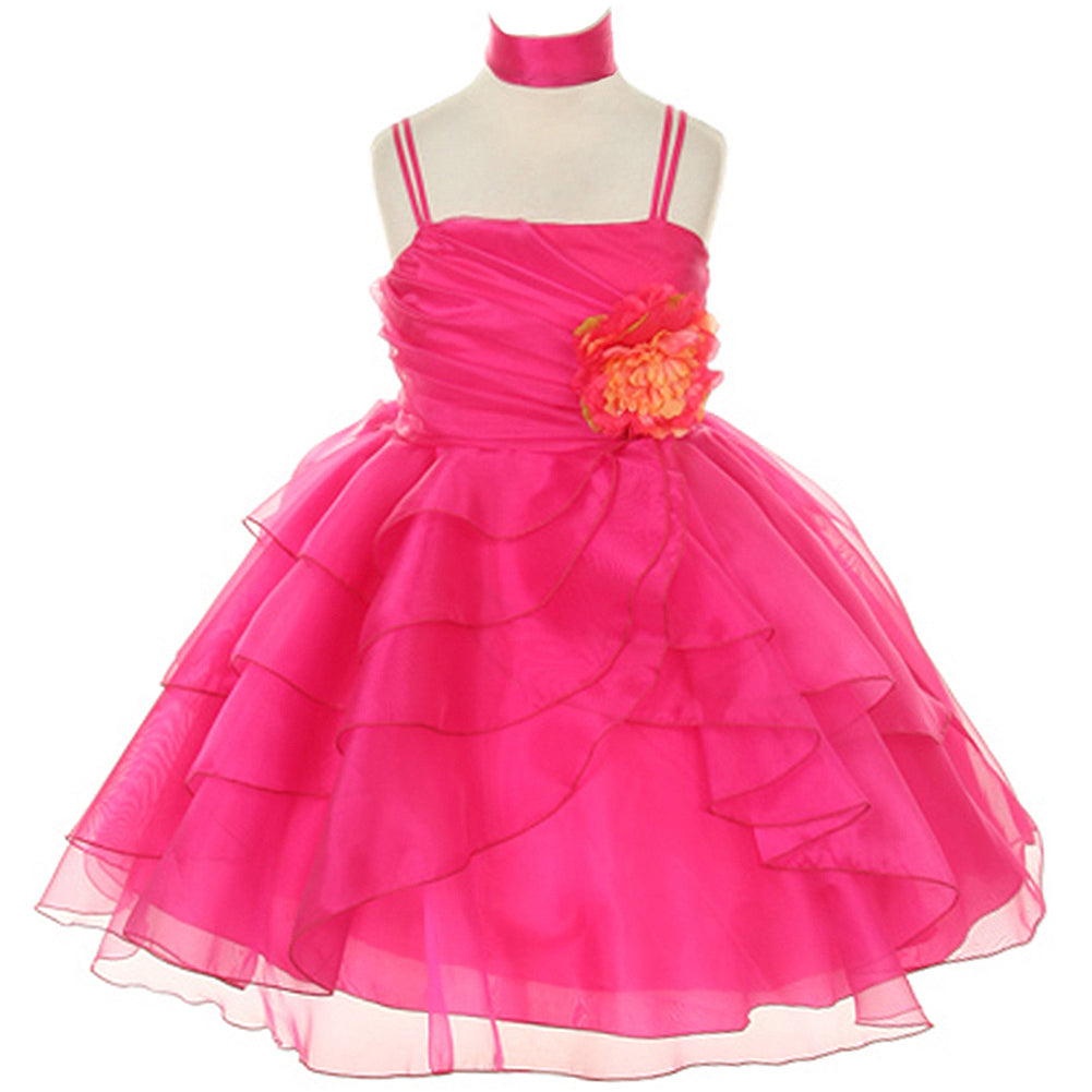 ASYMETRIC LAYERED RUFFLED DRESS WITH MATCHING SCARF AND FLOWER CORSAGE