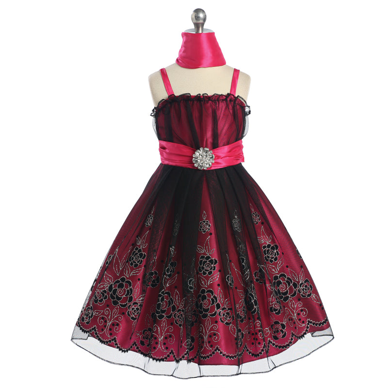THIN STRAPS RUCHED BODICE SATIN WAISTBAND TWO TONE METALLIC FLORAL EMBROIDERY MESH OVERLAY GIRL DRESS