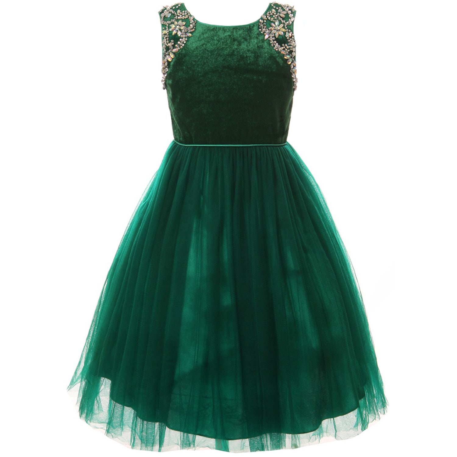 SHOULDER JEWEL BEADED APPLIQUES CORDED WAIST VELVET BODICE SOFT MESH SKIRT HOLIDAY DRESS