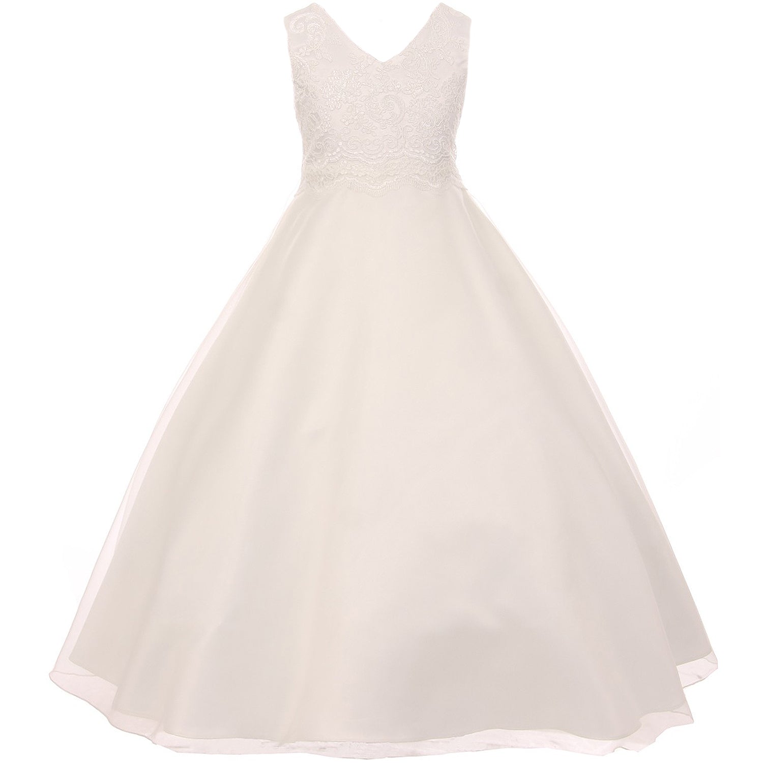 FULL LENGTH DRESS WITH LACE APPLIQUE ON SATIN BODICE