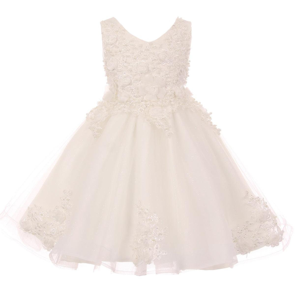 RAISED SATIN FLOWERS WITH PEARLS AND GLITTER TULLE
