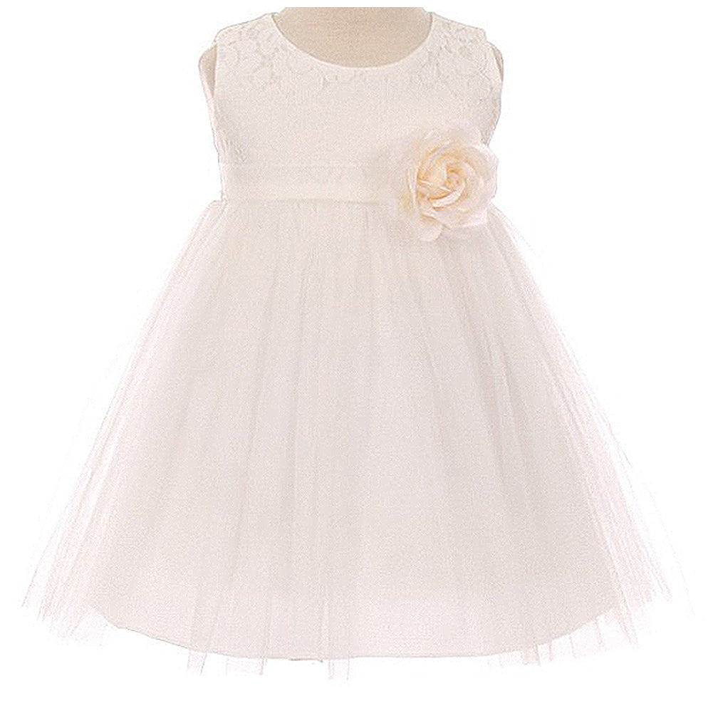 LACE BODICE TULLE SKIRT WITH WAIST FLOWER BROOCH INFANT BABY GIRL DRESS