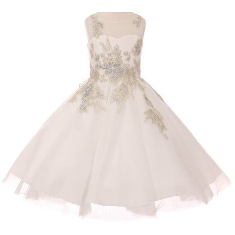 RHINESTONES AND BEADS BODICE WITH PLEATED SATIN SKIRT
