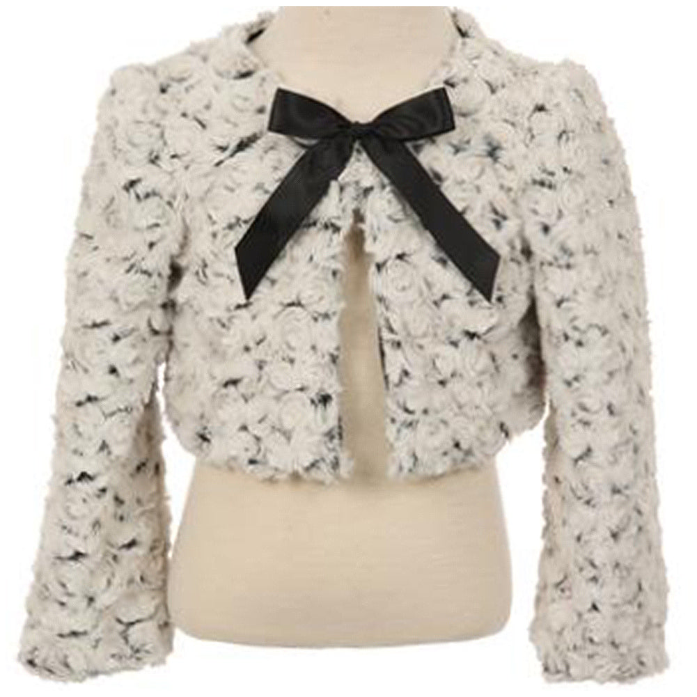 Two Tone Faux Fur Satin Bow Girl Bolero Jacket