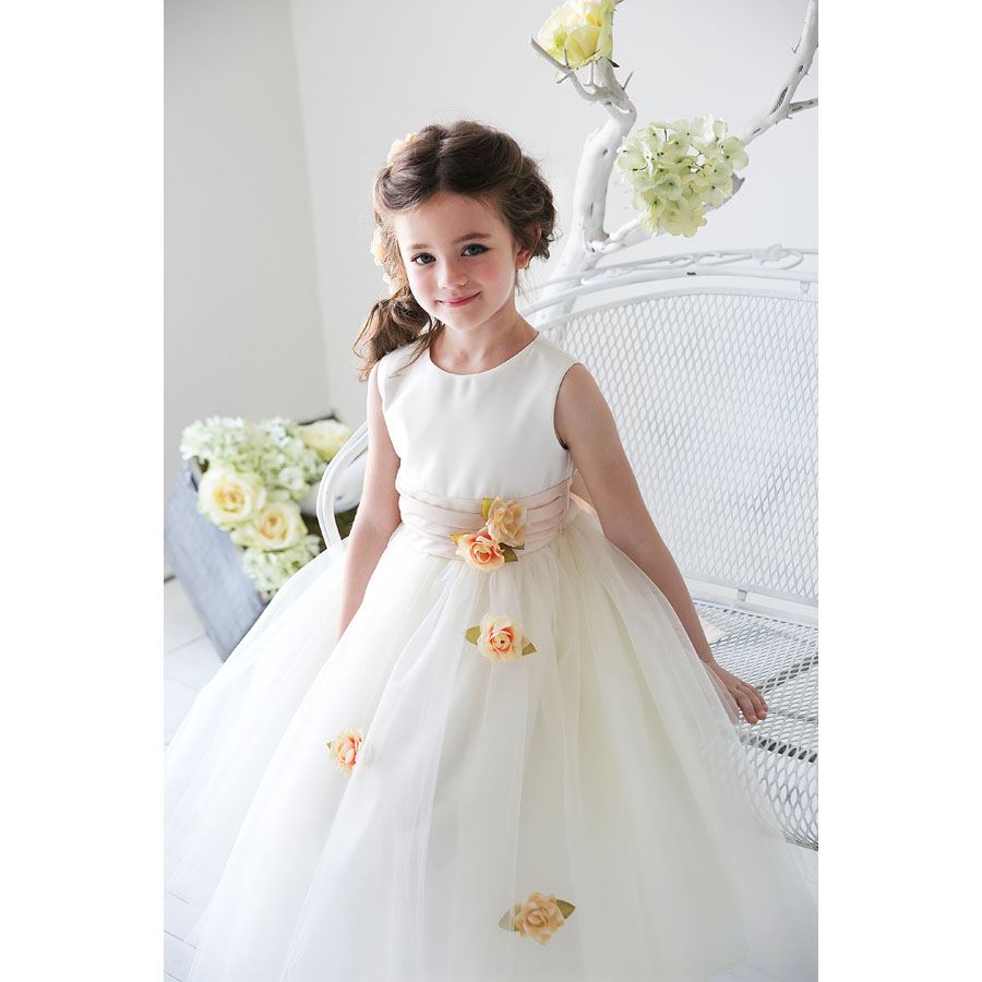 PLEATED WAIST WITH FLOATING CASCADING FLOWERS SATIN AND TULLE DRESS