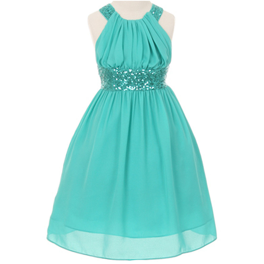 CHIFFON DRESS WITH SEQUINS ON WAISTBAND AND CROSS BACK BODICE