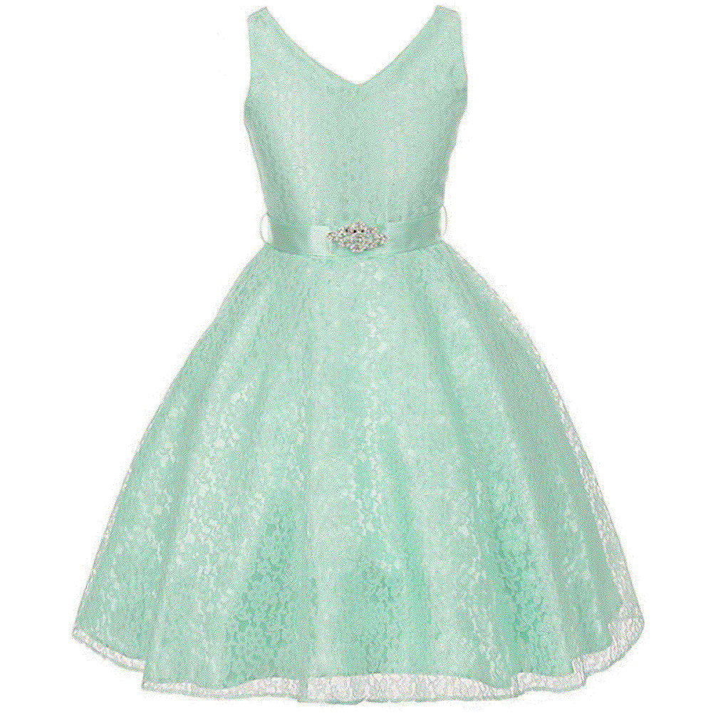 SLEEVELESS FULL LACE DRESS WITH SATIN SASH AND RHINESTONE BROOCH
