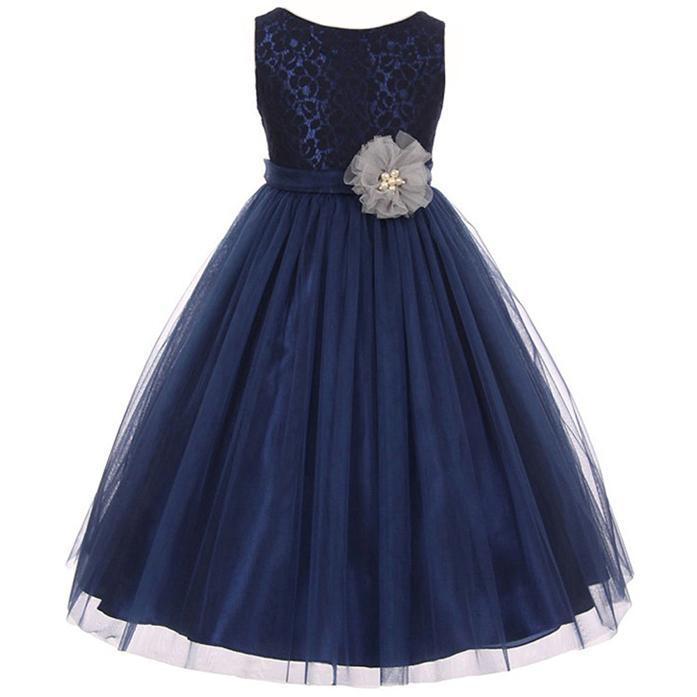 LACE BODICE TULLE SKIRT WITH PEARL BEADED RUFFLE TULLE WAIST FLOWER GIRL DRESS