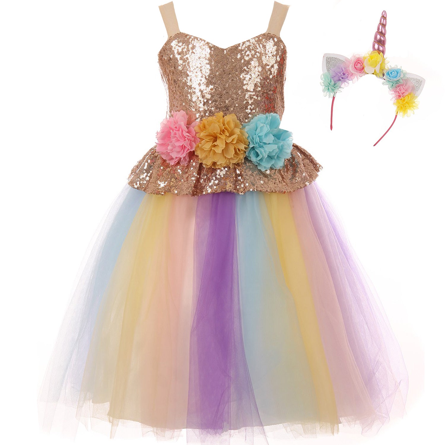 SEQUINS BODICE RAINBOW TULLE SKIRT WITH A UNICORN HEADBAND