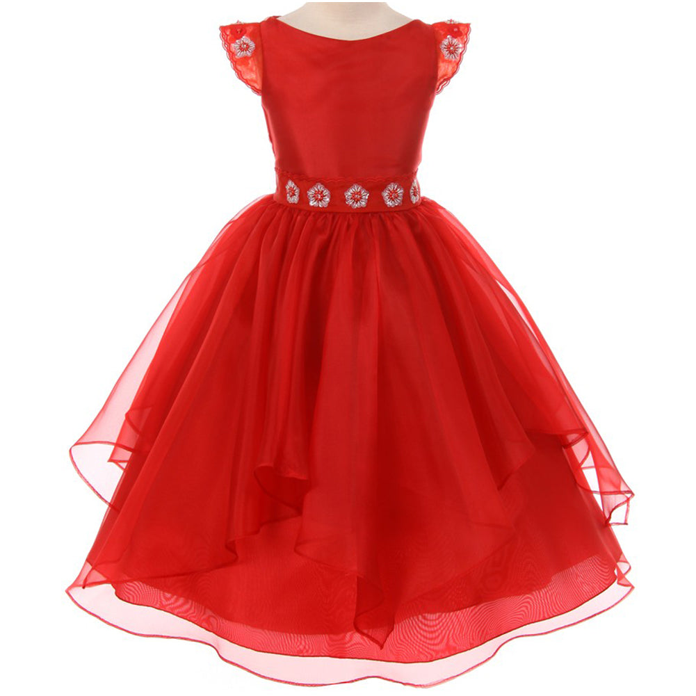 FLORAL BEADED WAIST AND SLEEVES HANDKERCHIEF RUFFLE ORGANZA SKIRT SATIN GIRL DRESS