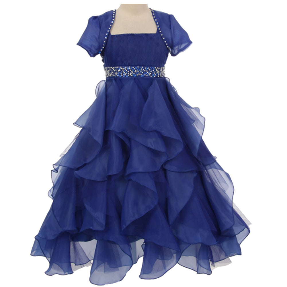 PEARL BEADED WAIST PLEATED BODICE HANDKERCHIEF RUFFLE ORGANZA SKIRT LONG DRESS WITH CARDIGAN