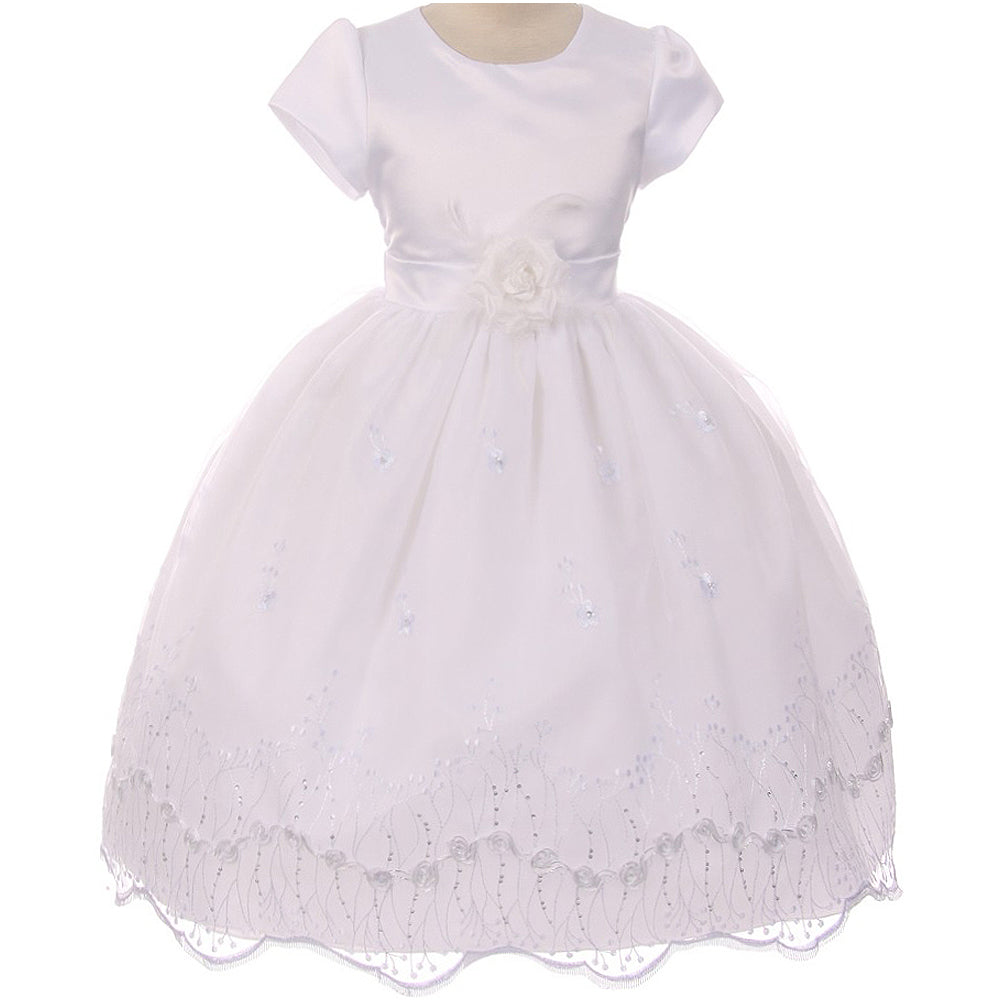SATIN BODICE WITH RAISED FLOWERS EMBROIDERED ON ORGANZA SKIRT