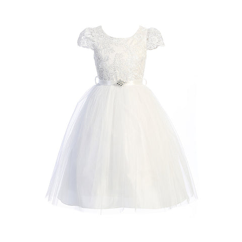 SEQUINED LACE BODICE WITH ASYMMETRIC TULLE SKIRT AND RHINESTONES SASH