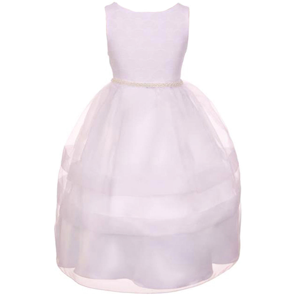 SLEEVELESS COMMUNION DRESS WITH FAN SHAPE PATTERN BODICE