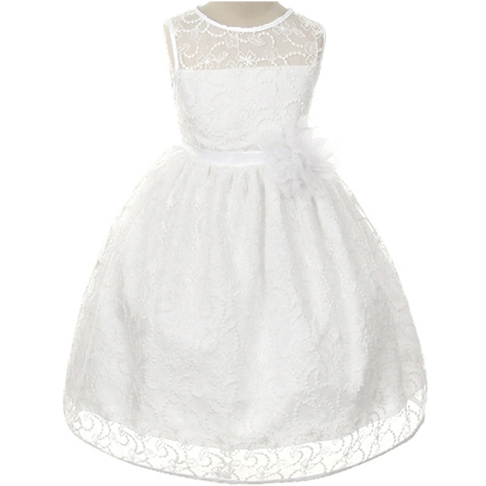 SLEEVELESS COMMUNION SATIN FLORAL LACE DRESS WITH MATCHING FLOWER BROOCH