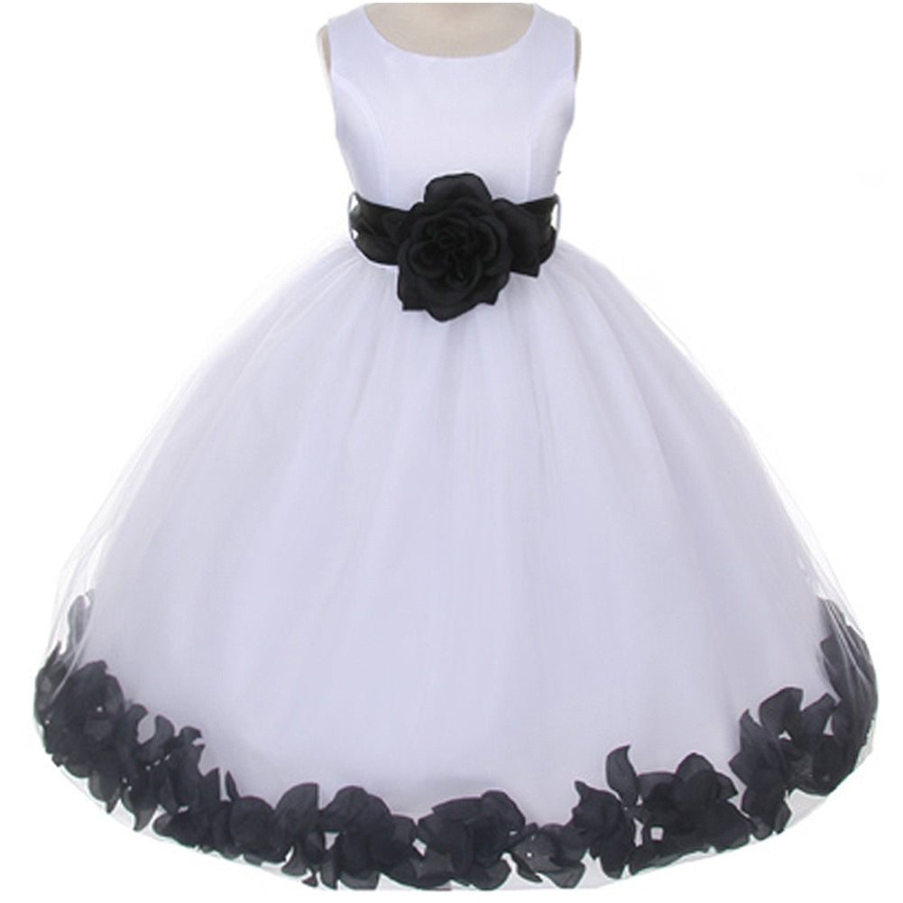 CLASSIC WHITE DRESS WITH FLOATING PETALS ORGANZA SASH AND WAIST FLOWER