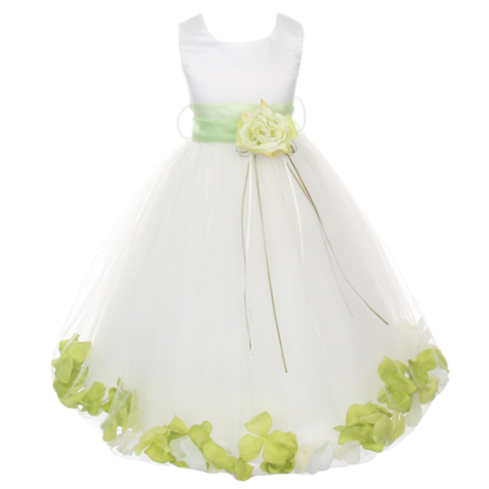 SATIN BODICE WITH FLOATING FLOWER PETALS MATCHING BROOCH AND ORGANZA SASH