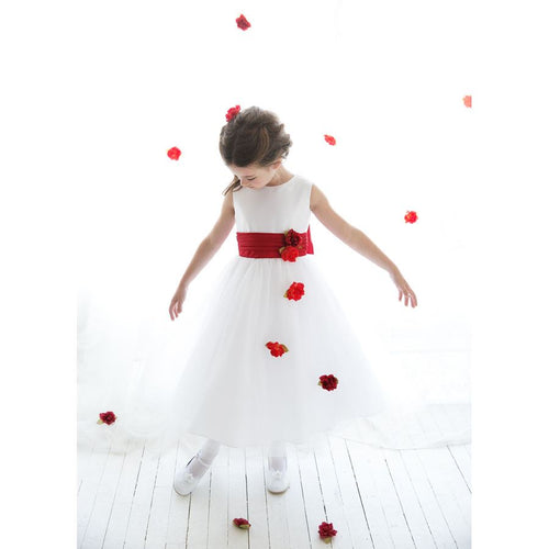 PLEATED WAIST WITH FLOATING CASCADING FLOWERS SATIN AND TULLE DRESS