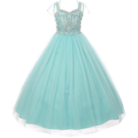 V-Neck Lace Tulle Flower Girl Dress with Rhinestone Brooch