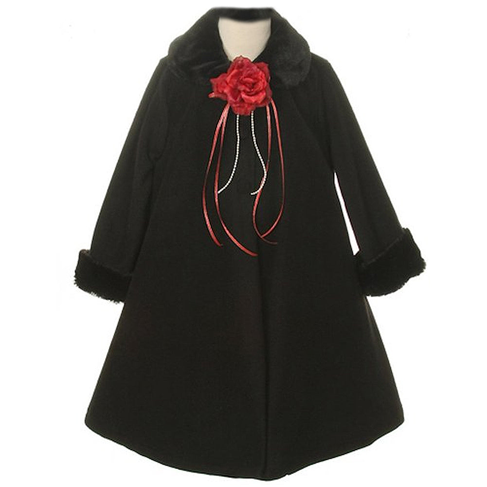 FUR TRIM FLEECE COAT WITH FLOWER CORSAGE AND RIBBONS