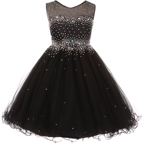 SEQUINED LACE BODICE WITH ASYMMETRIC TULLE SKIRT AND RHINESTONES SASH
